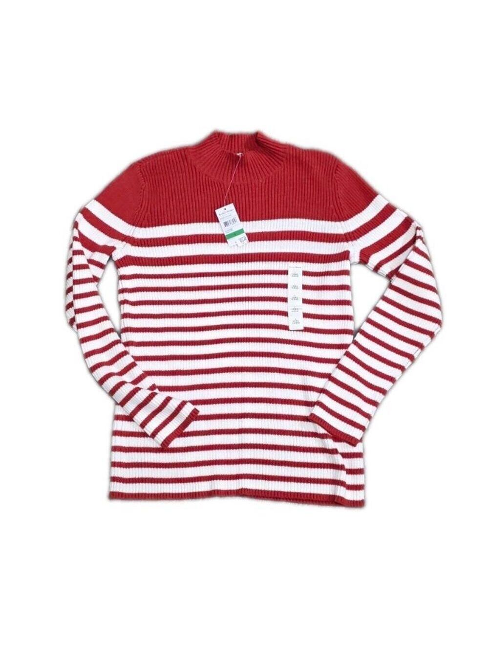 Studio Works Women's Sweater Large Orange/White Striped Long Sleeve Mock Neck L
